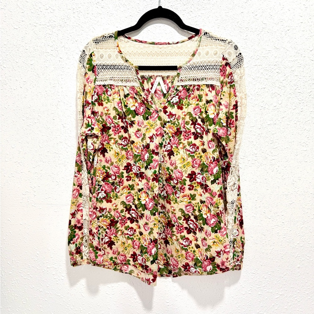 Roper 100% COTTON Cream Floral Lace Yoke Long Sleeve Blouse